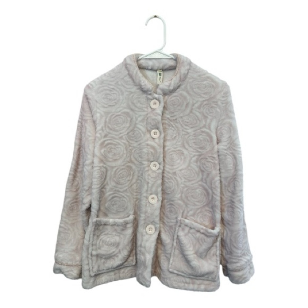 La Cera Cream Rose Print Button Down Teddy Jacket Size Small